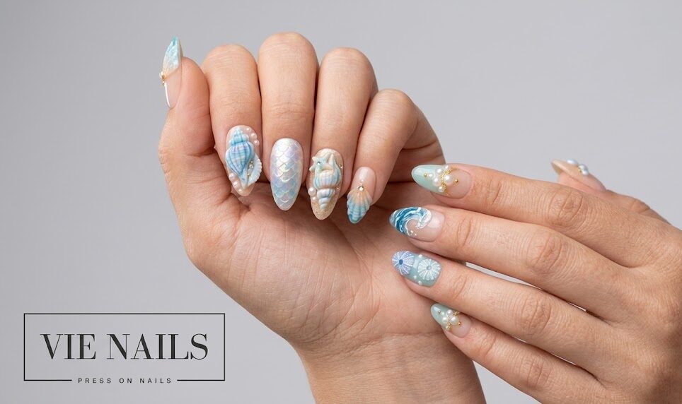 chic summer 3D nails for NYC rooftops and beaches featuring ocean turquoise and pearl accents