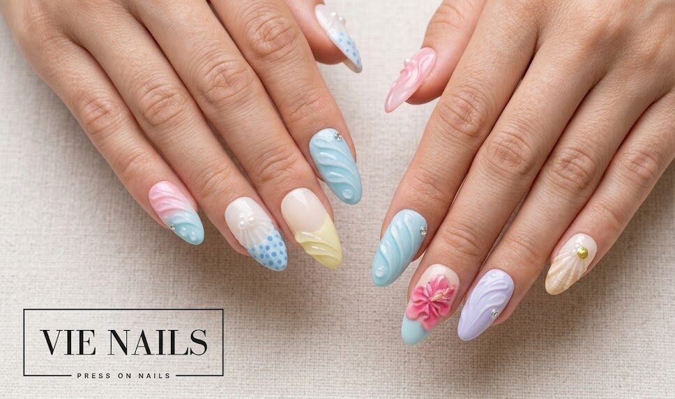 tropical floral 3D nail sculptures in bright summer colors for NYC beach days